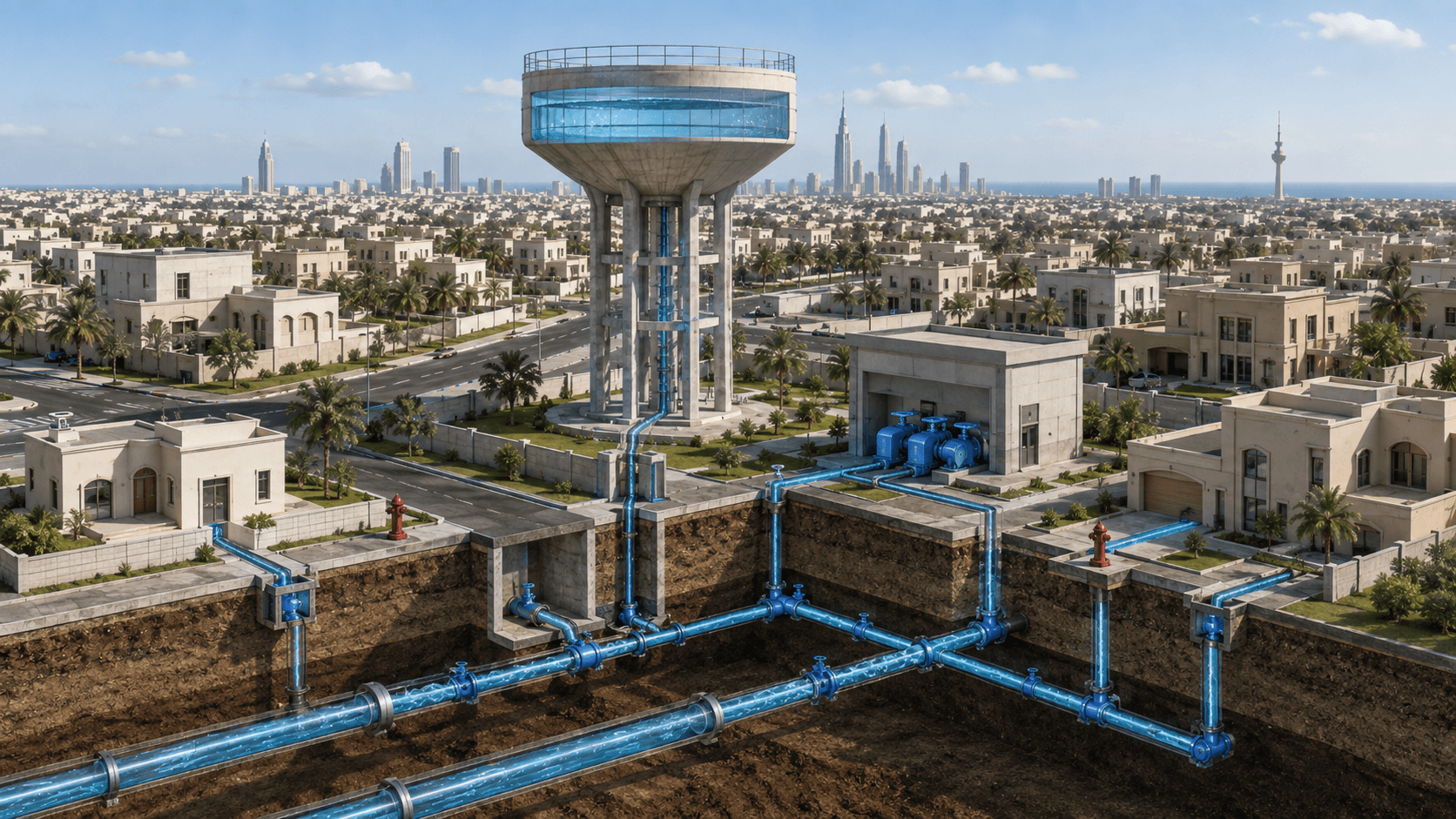 Design of a Complex Drinking Water Network Incorporating the Structural Design of an Elevated Tank